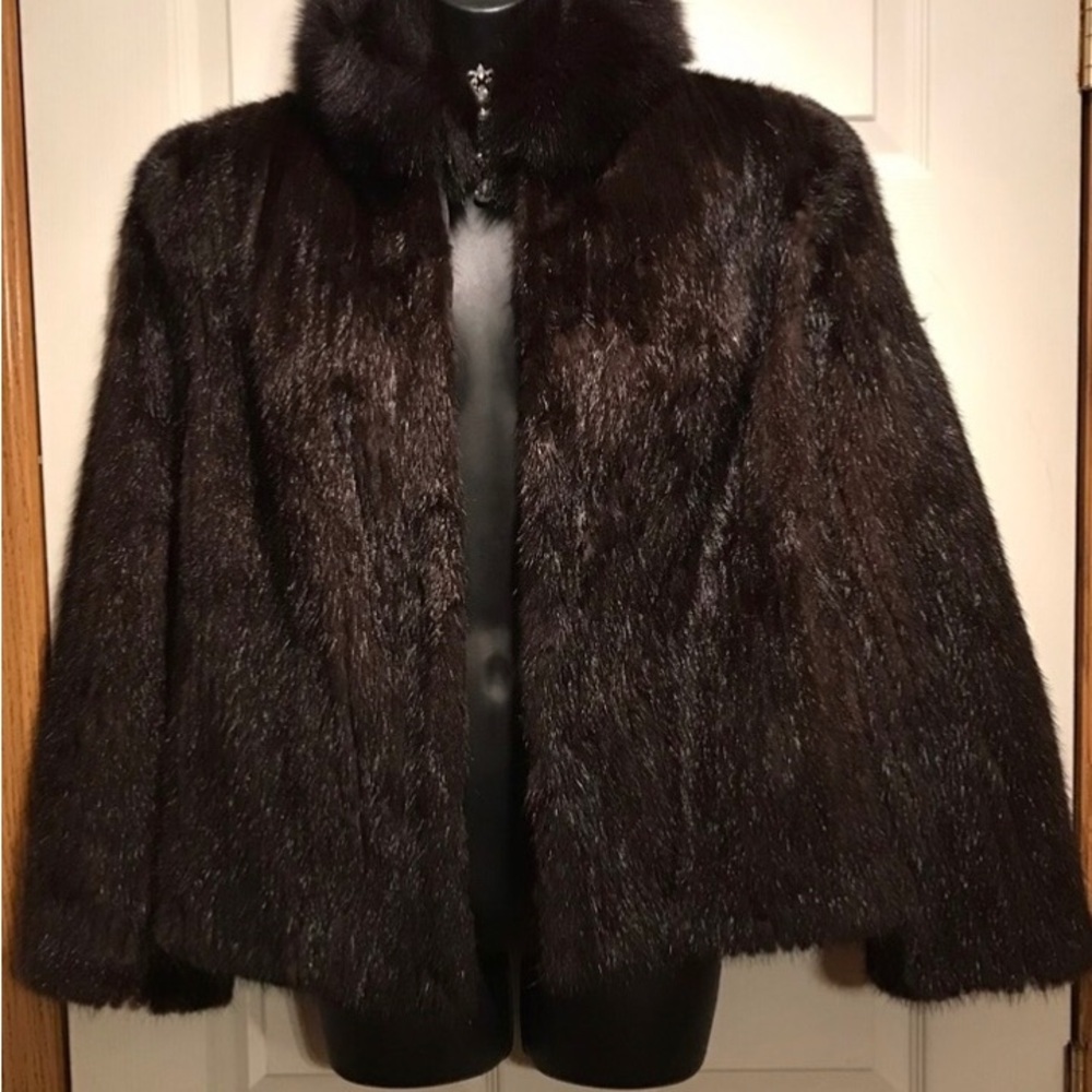 MINK 100% Saga Furs Brown Mink  Jacket with Plush Fur and  Standup Collar